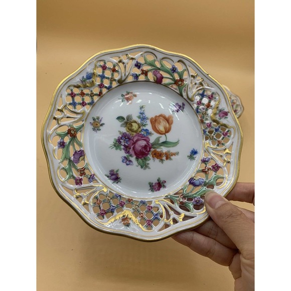 VTG DRESDEN Schumann Porcelain Reticulated Candy/Nut Dish and Bowl Floral Gold - Picture 9 of 13